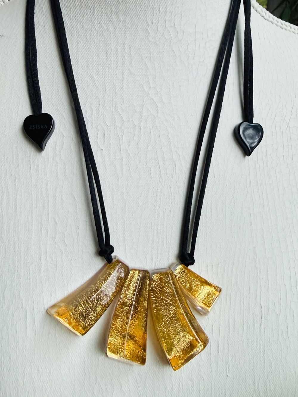 Zsiska Emocion Gold Leaf Resin Tab Necklace Adjustable Cord Heart Charm Statemen